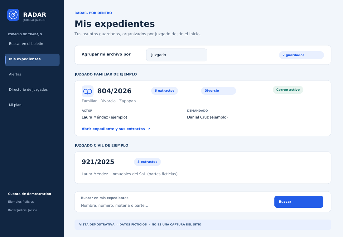 Vista demostrativa de Radar: organiza tu archivo
