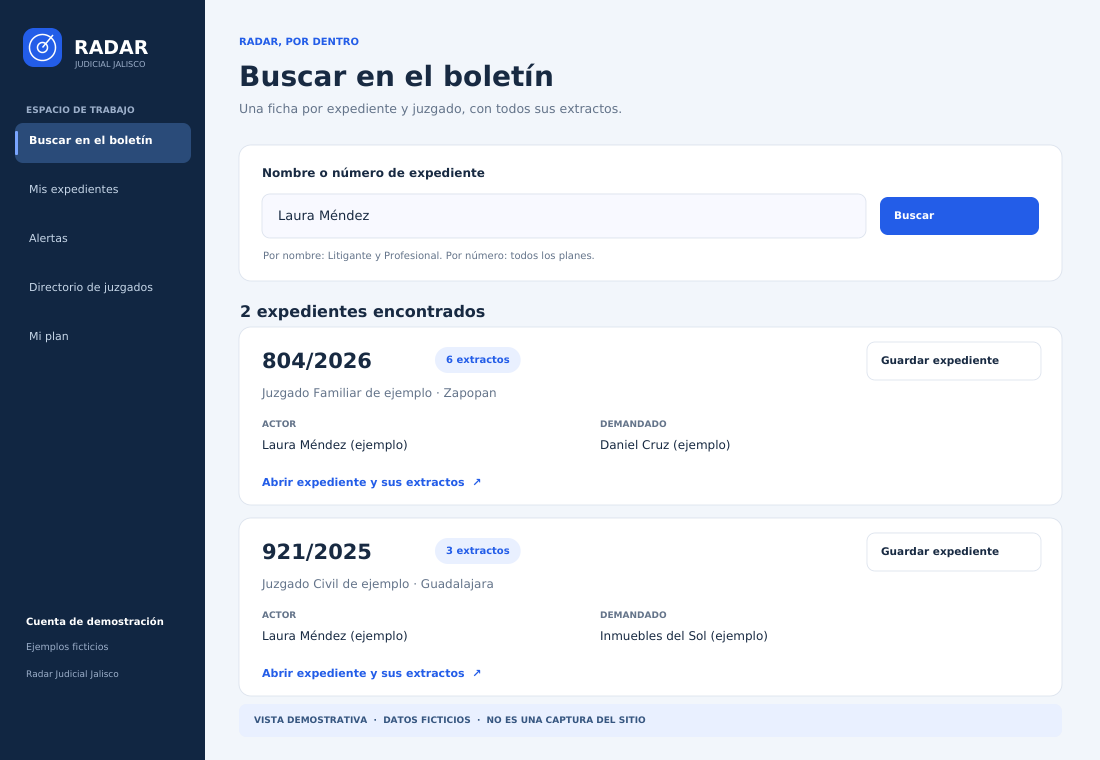 Vista demostrativa de Radar: busca un expediente